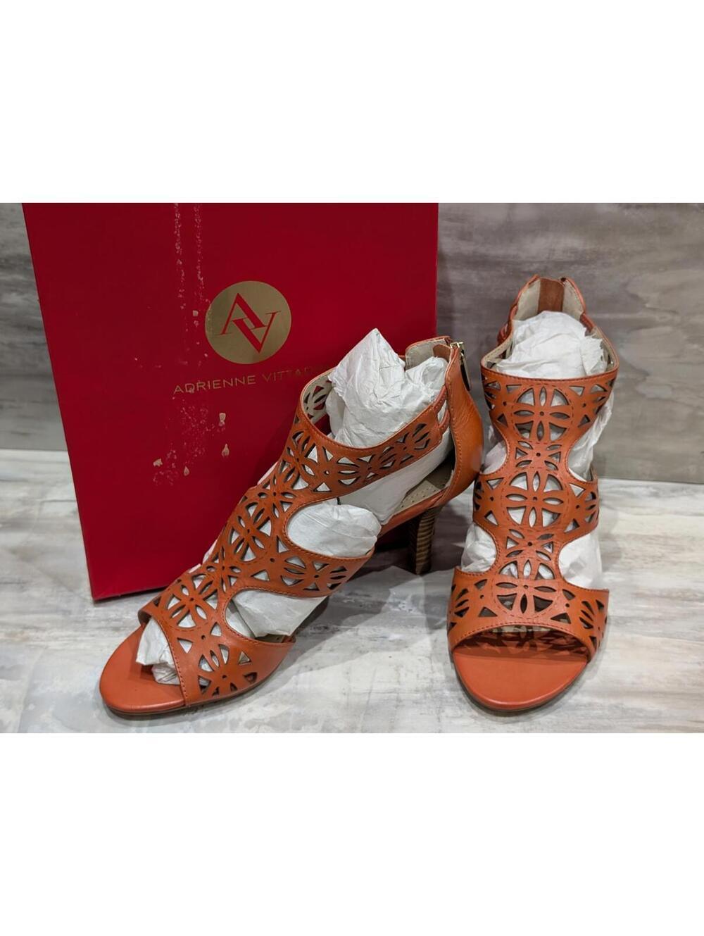 Adrienne Vittadini Women's Orange Laser Cut Leather Heeled Sandals Size 10M